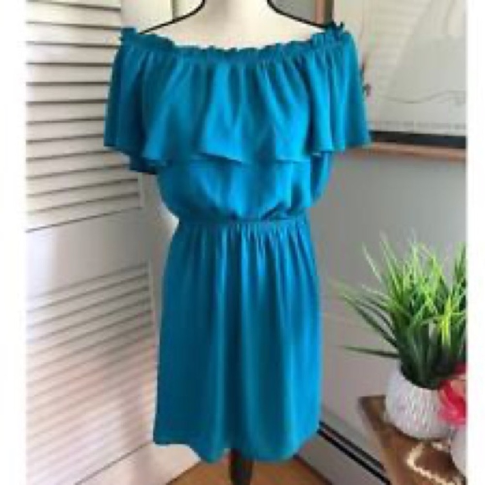 Express Off the Shoulder Ruffled Dress Size Medium Teal Blue NWT